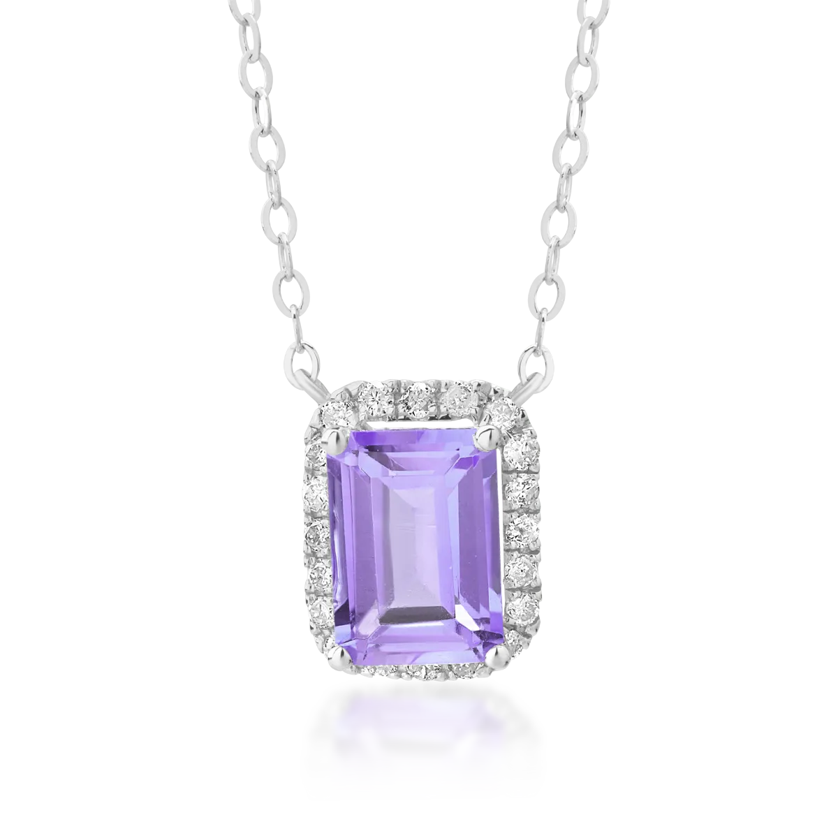 18K white gold pendant chain with 0.85ct amethyst and 0.12ct diamonds