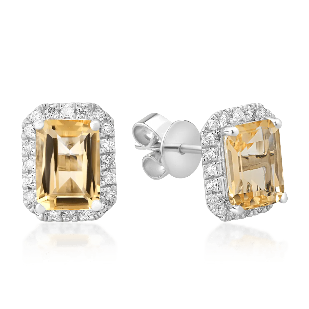 Cercei din aur alb cu citrine emerald de 1.73ct si diamante de 0.24ct