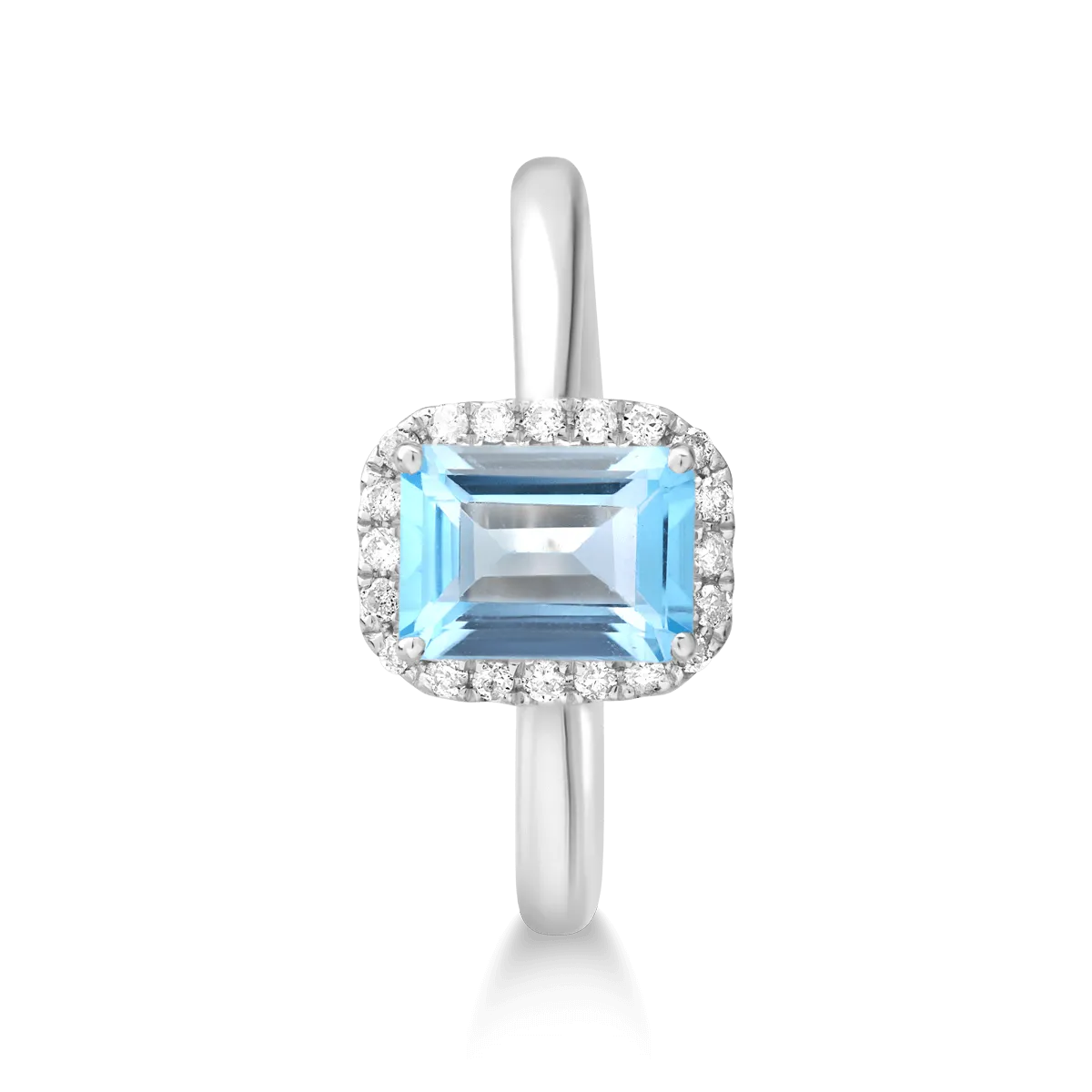 Пръстен от бяло злато 18К със син топаз 1.14гкт и диаманти от 0.1кт.