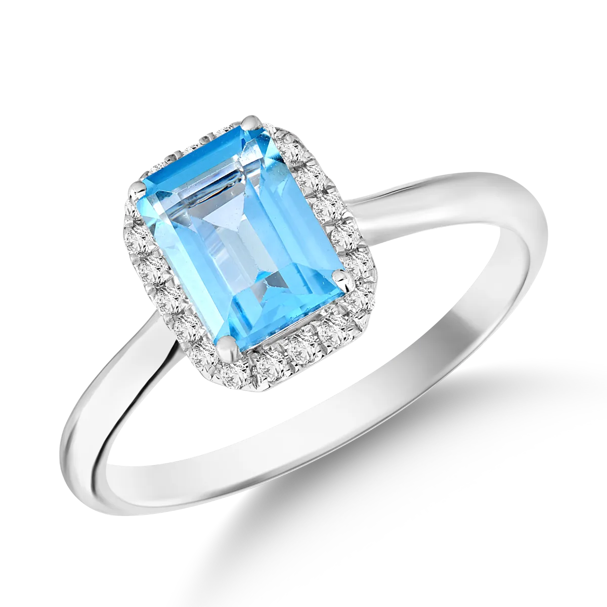Inel din aur alb cu topaz albastru emerald de 1.1ct si diamante de 0.1ct