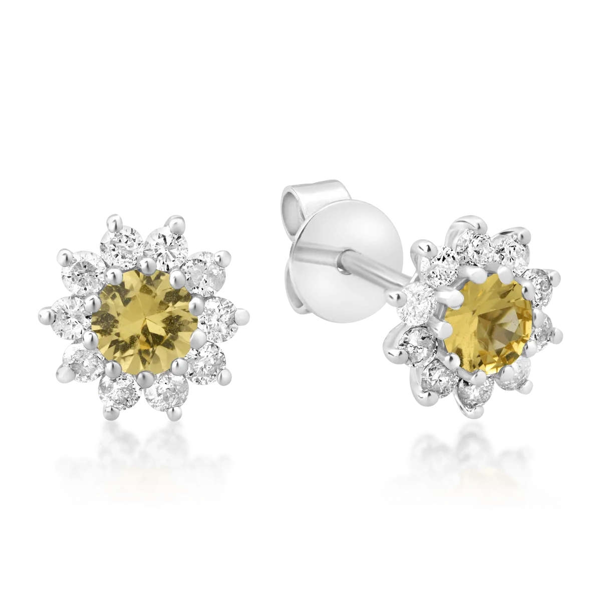 Kolczyki z 18-karatowego białego złota z żółtymi szafirami o masie 0,39 ct i diamentami o masie 0,3 ct