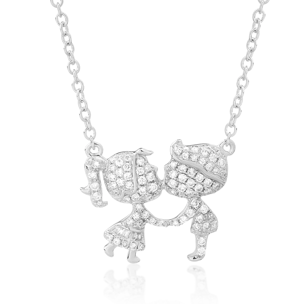 Teilor Lant cu pandantiv fetita si baietel din aur alb cu diamante baguette si rotunde de 0.25ct