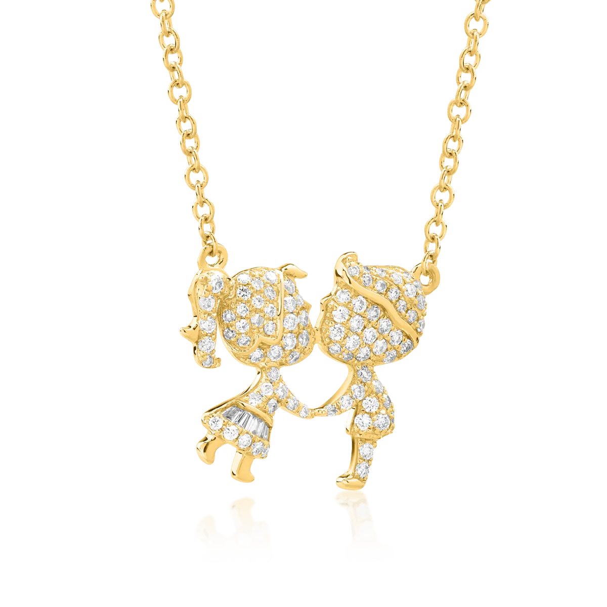 18K yellow gold gril and boy pendant necklace with 0.27ct diamonds