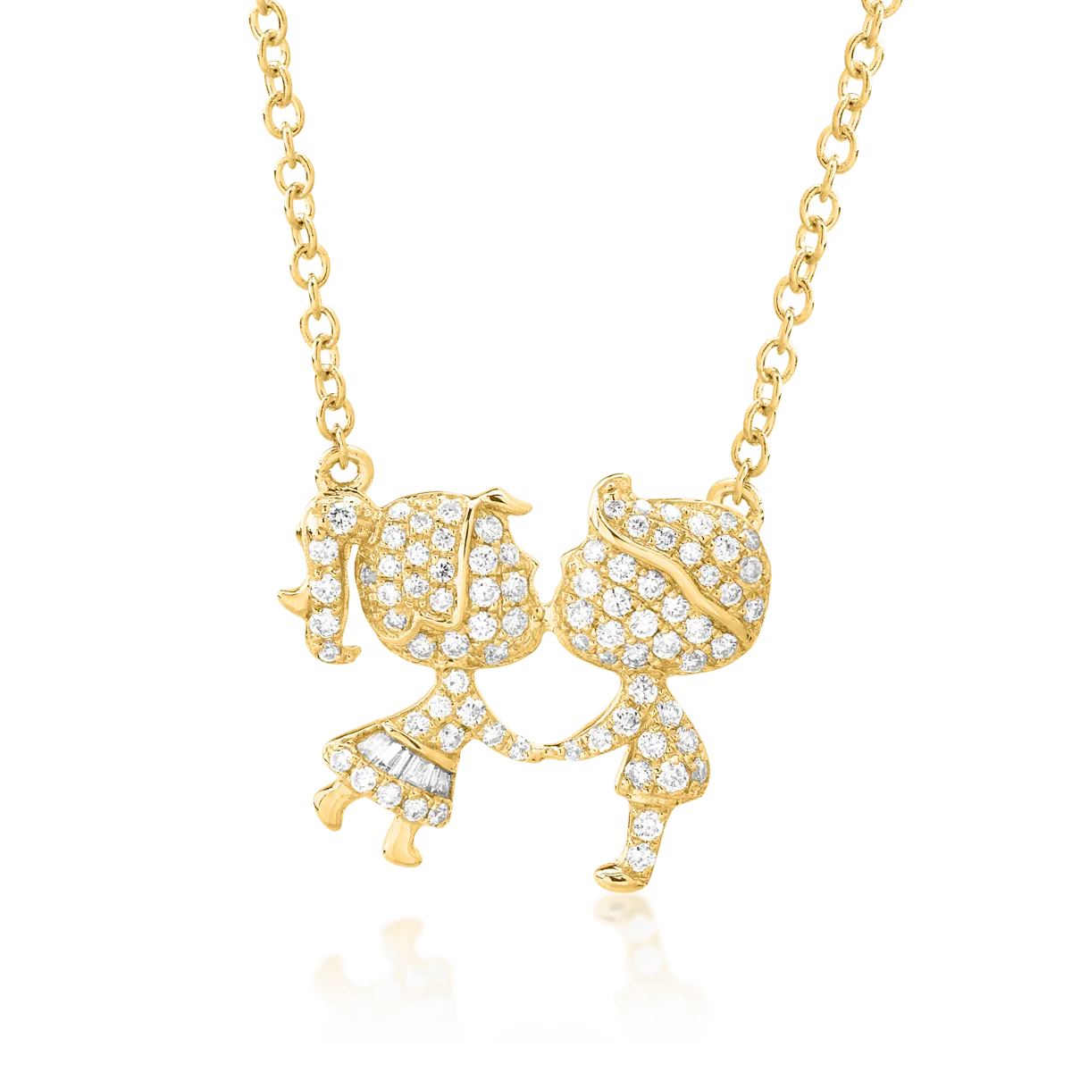 Lant cu pandantiv fetita si baiat din aur galben cu diamante baguette si rotunde de 0.27ct