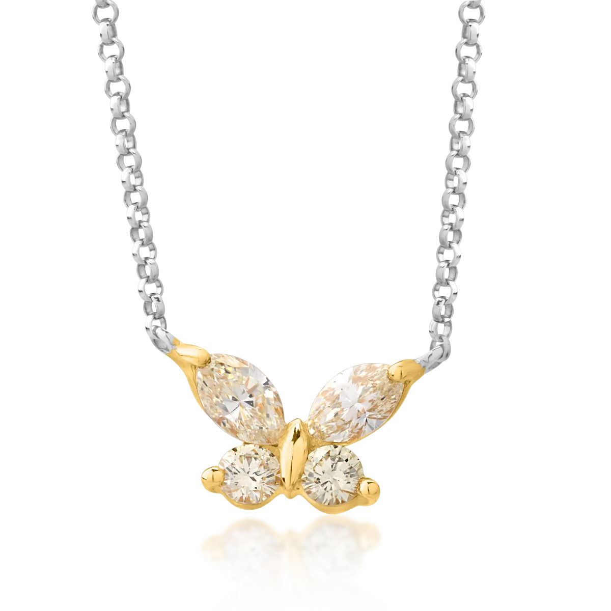 Lant cu pandantiv fluture din aur alb-galben cu diamante galbene de 0.58ct