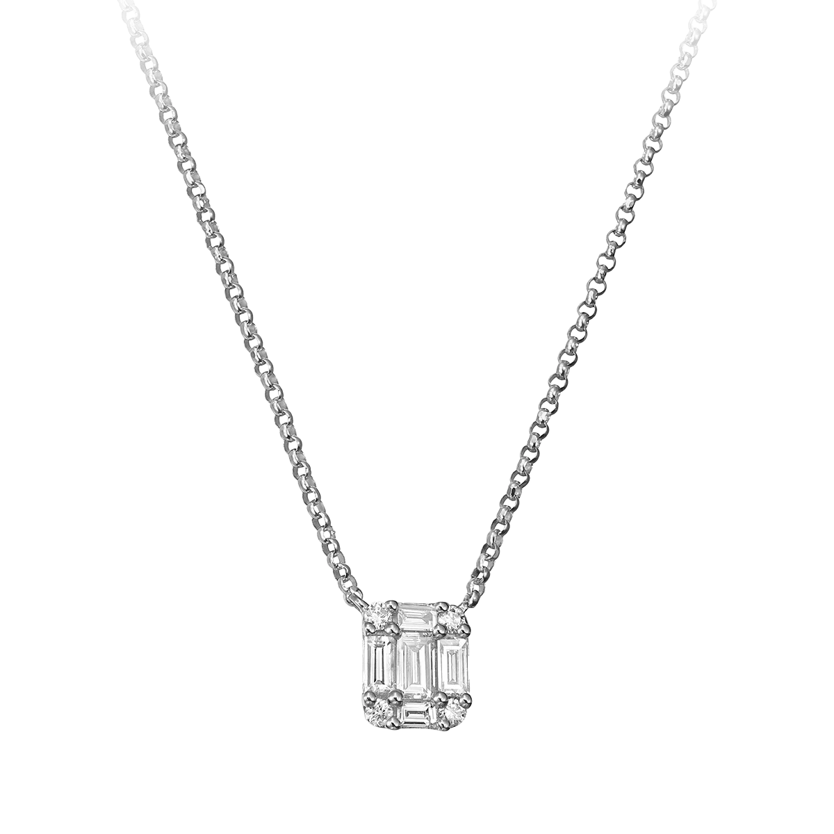 Teilor Lant cu pandantiv din aur alb cu diamante baguette si rotunde de 0.28ct