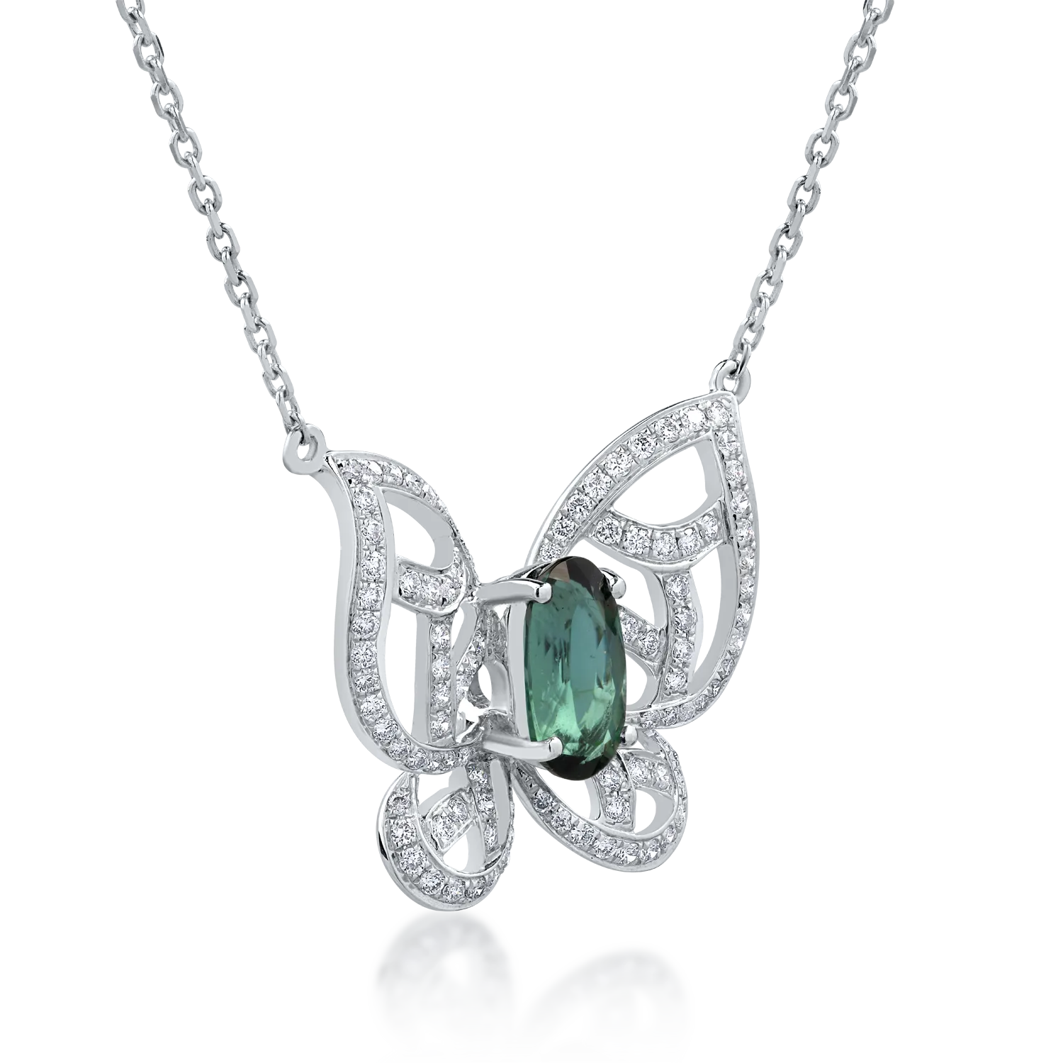 18K fehérarany pillangós nyaklánc 1.6 karátos zöld turmalinnal és 0.54 karátos gyémántokkal