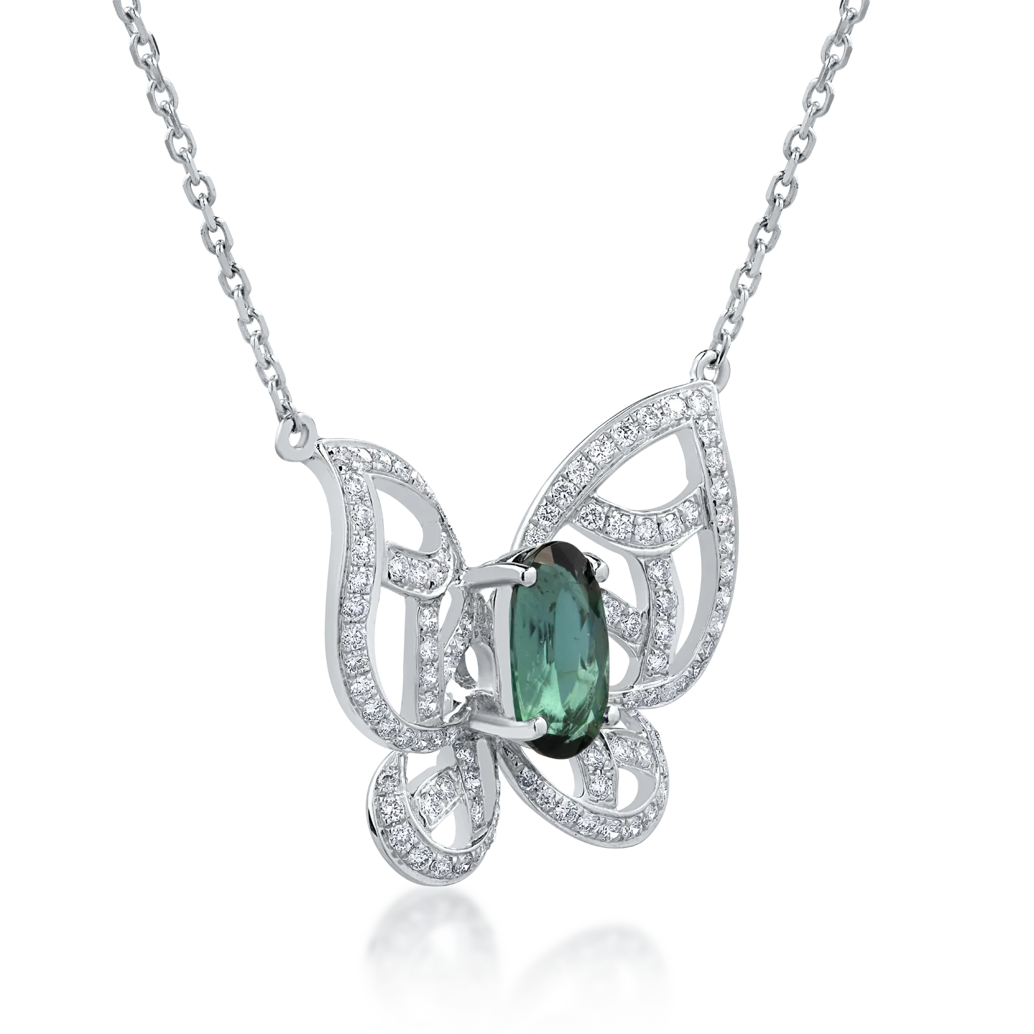 Naszyjnik motyl z białego 18K złota z 1.6ct zielonym turmalinem i 0.54ct diamentami