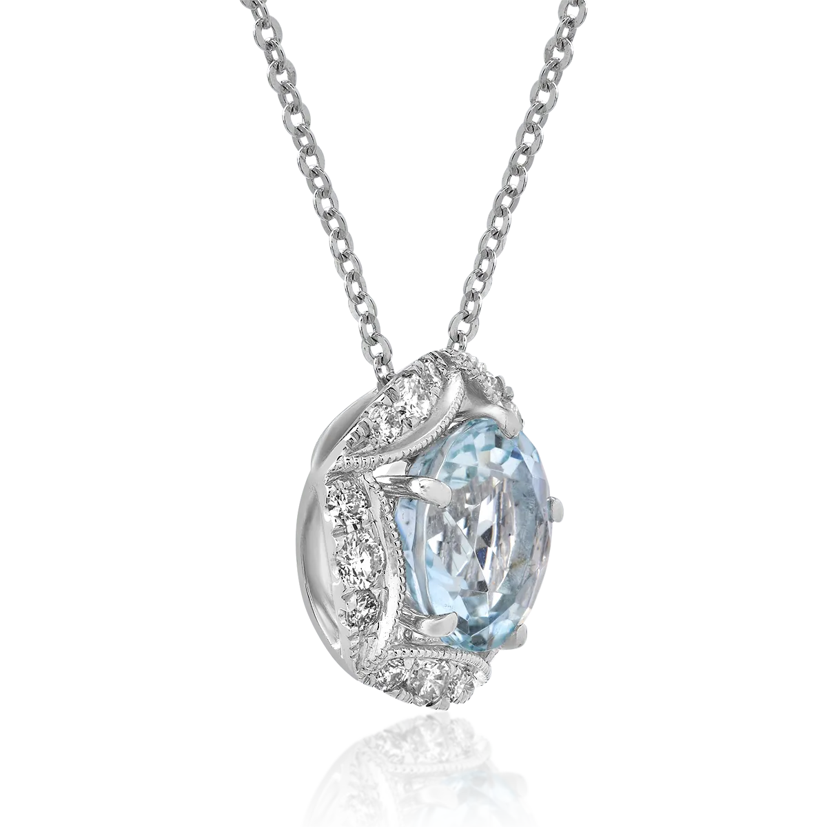 Lant cu pandantiv din aur alb de 18K cu acvamarin de 2.1ct si diamante de 0.31ct
