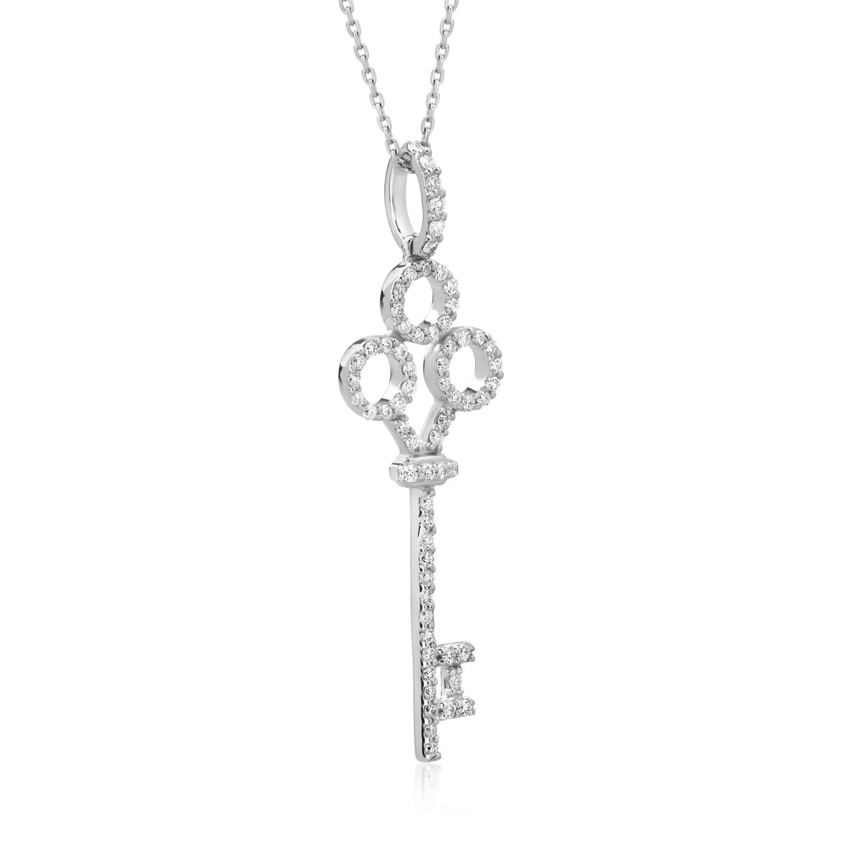 Lant cu pandantiv cheie din aur alb de 18K cu diamante de 0.18ct