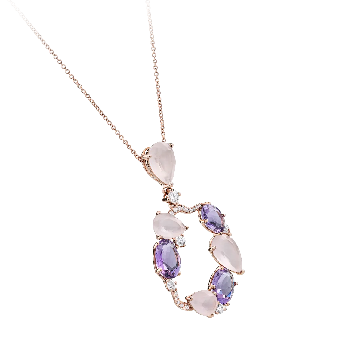 Колие с висулка от 18K розово злато със скъпоценни и полускъпоценни камъни 6.13ct