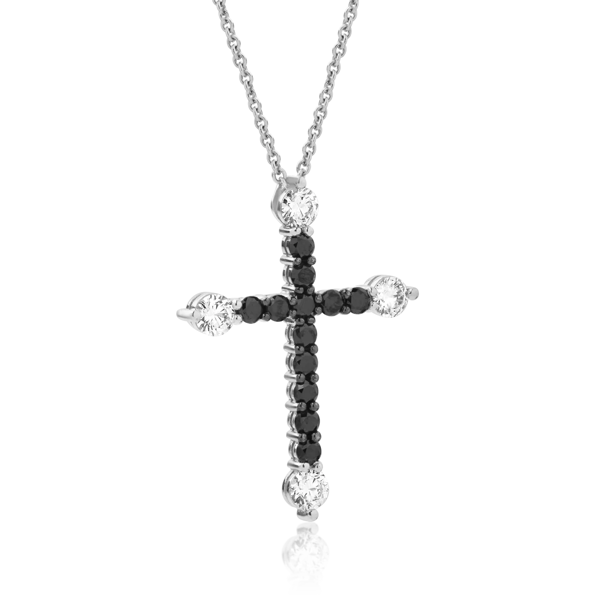 18K white gold cross pendant necklace with 0.5ct clear diamonds and 0.53ct black diamonds