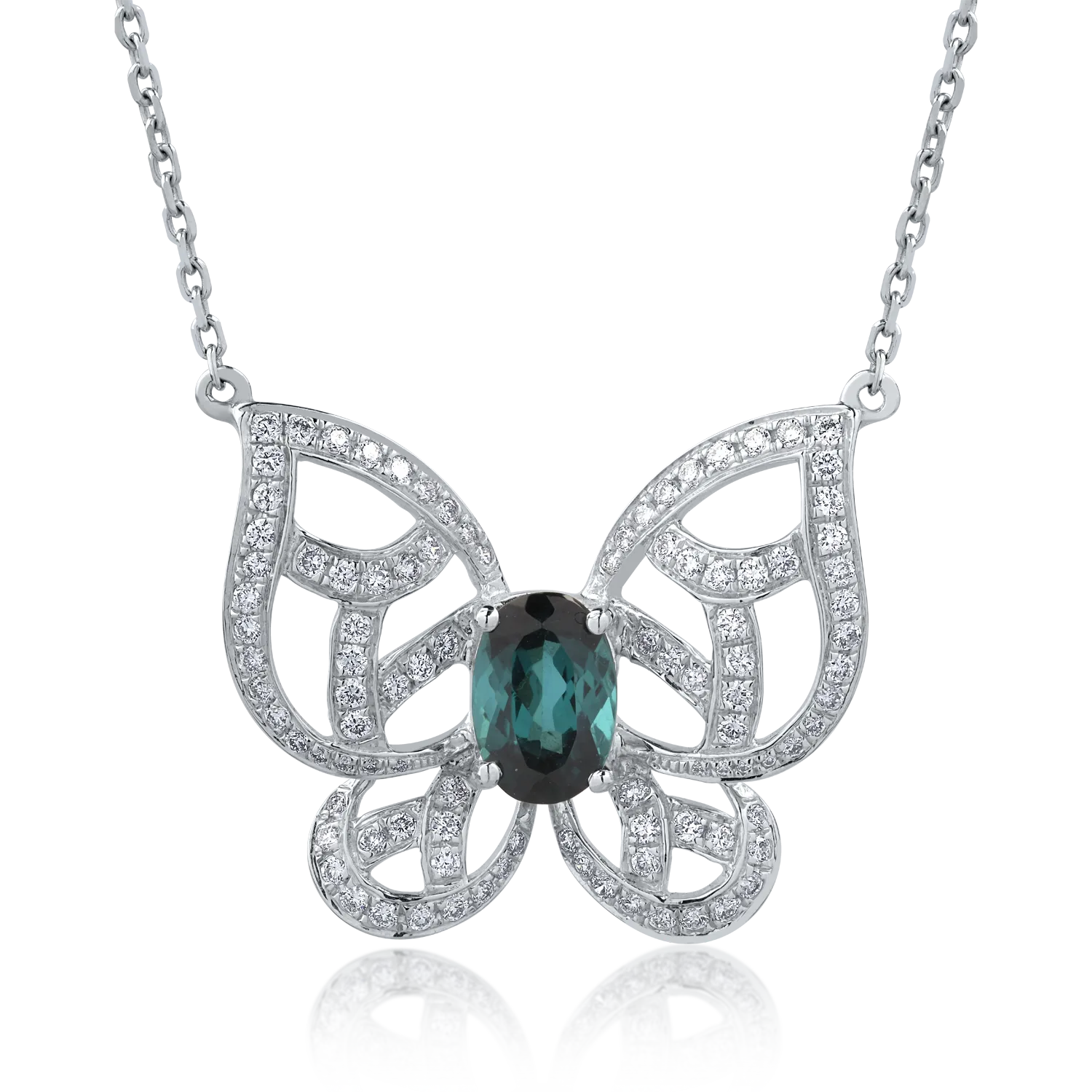 18K white gold butterfly necklace with 1.12ct green tourmaline and 0.54ct diamonds