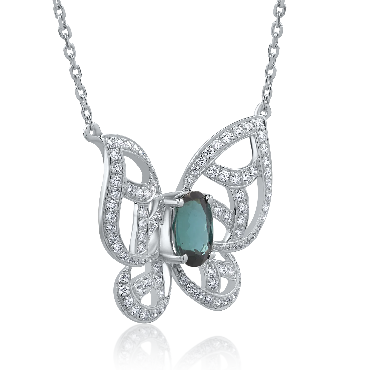 18K white gold butterfly necklace with 1.12ct green tourmaline and 0.54ct diamonds