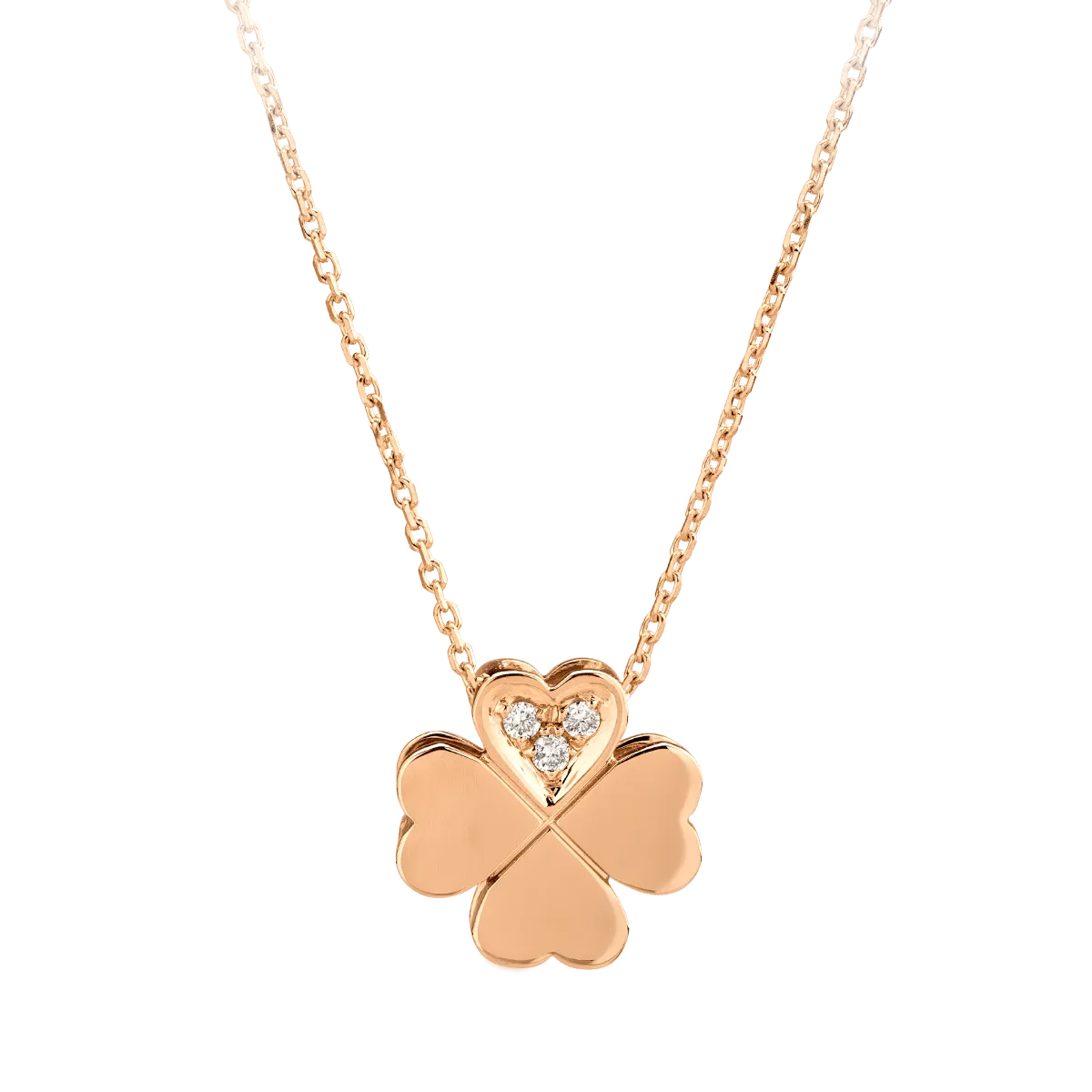 Lant cu pandantiv trifoi din aur roz cu diamante de 0.22ct