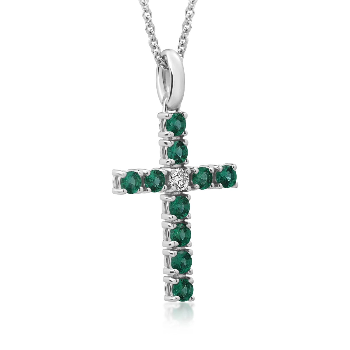 Lant cu pandantiv cruce din aur alb de 18K cu diamant de 0.05ct si smaralde de 0.48ct
