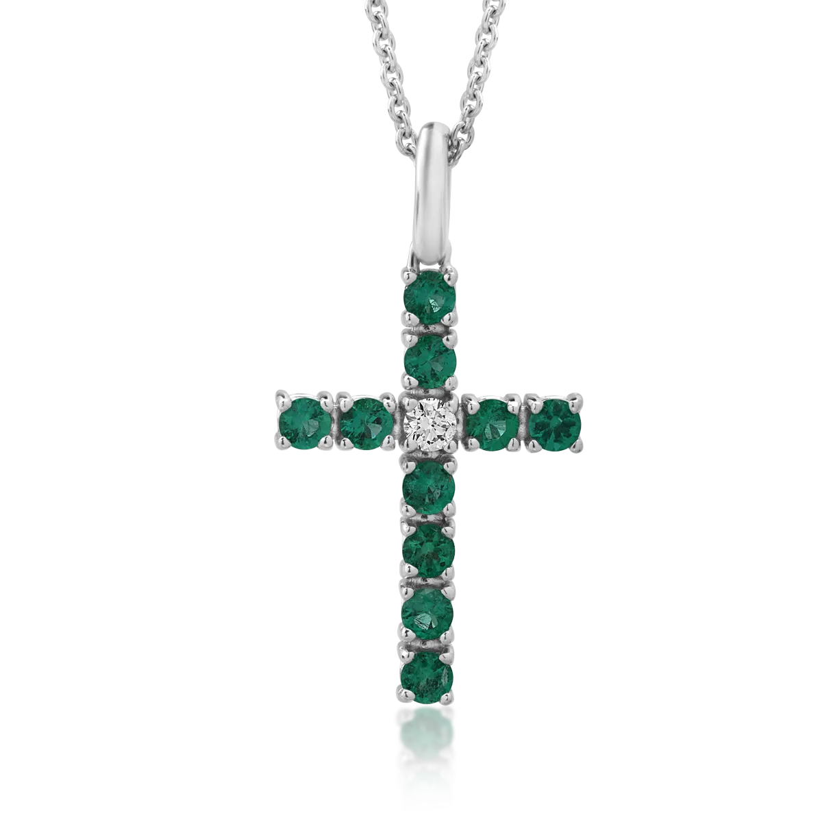 Lant cu pandantiv cruce din aur alb cu diamant de 0.05ct si smaralde de 0.48ct