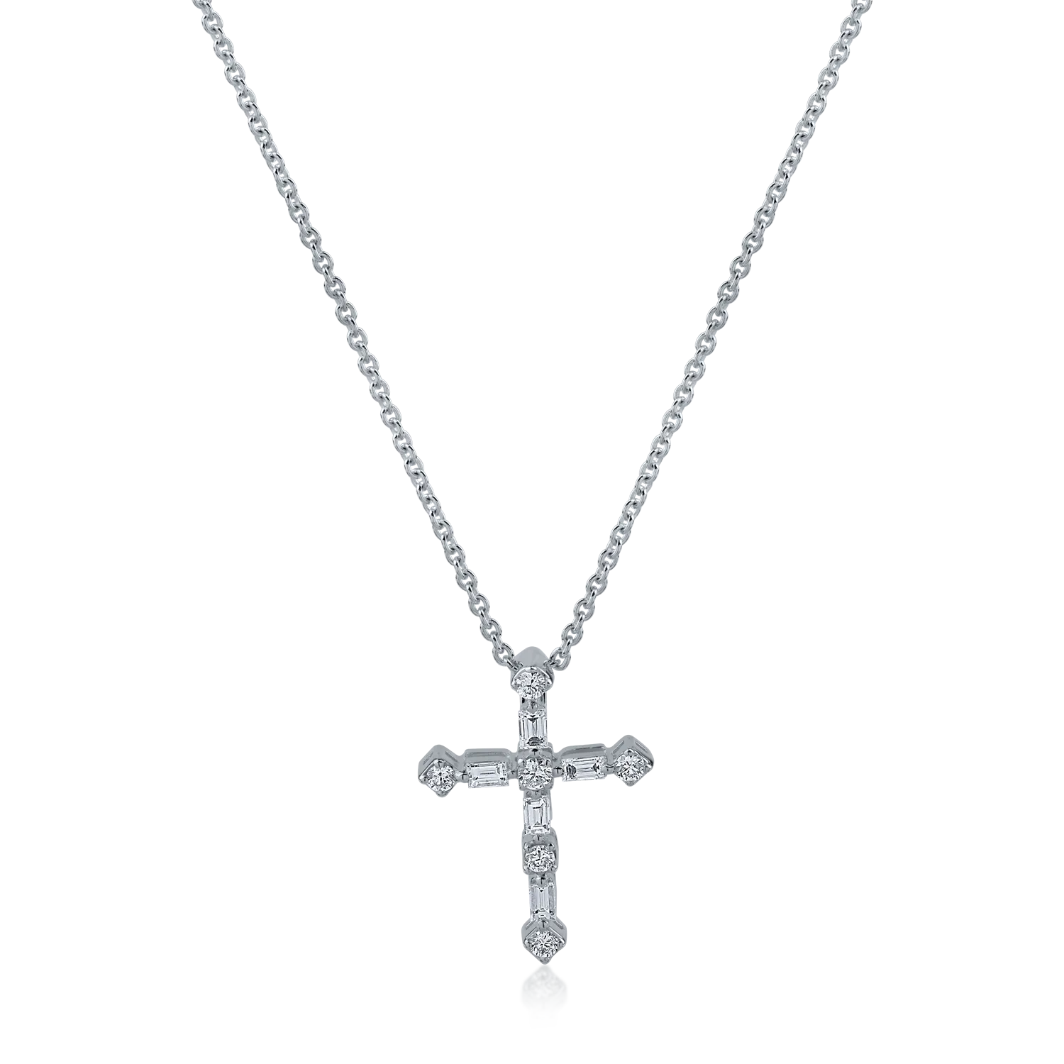 Teilor Lant cu pandantiv cruce din aur alb cu diamante baguette si rotunde de 0.23ct