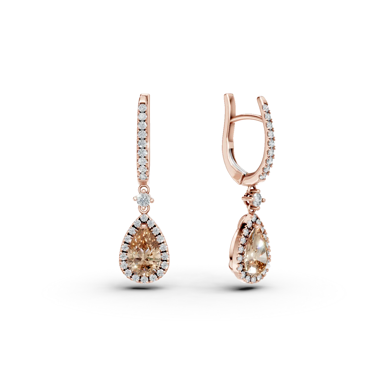 Cercei din aur roz cu diamante maro pear de 1.39ct si diamante incolore round de 0.44ct