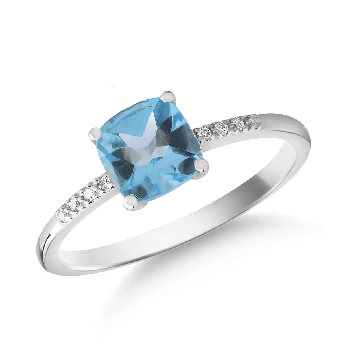 Pierścionek z 14K białego złota, topaz swiss blue 1.218kr i diamenty 0.023kr