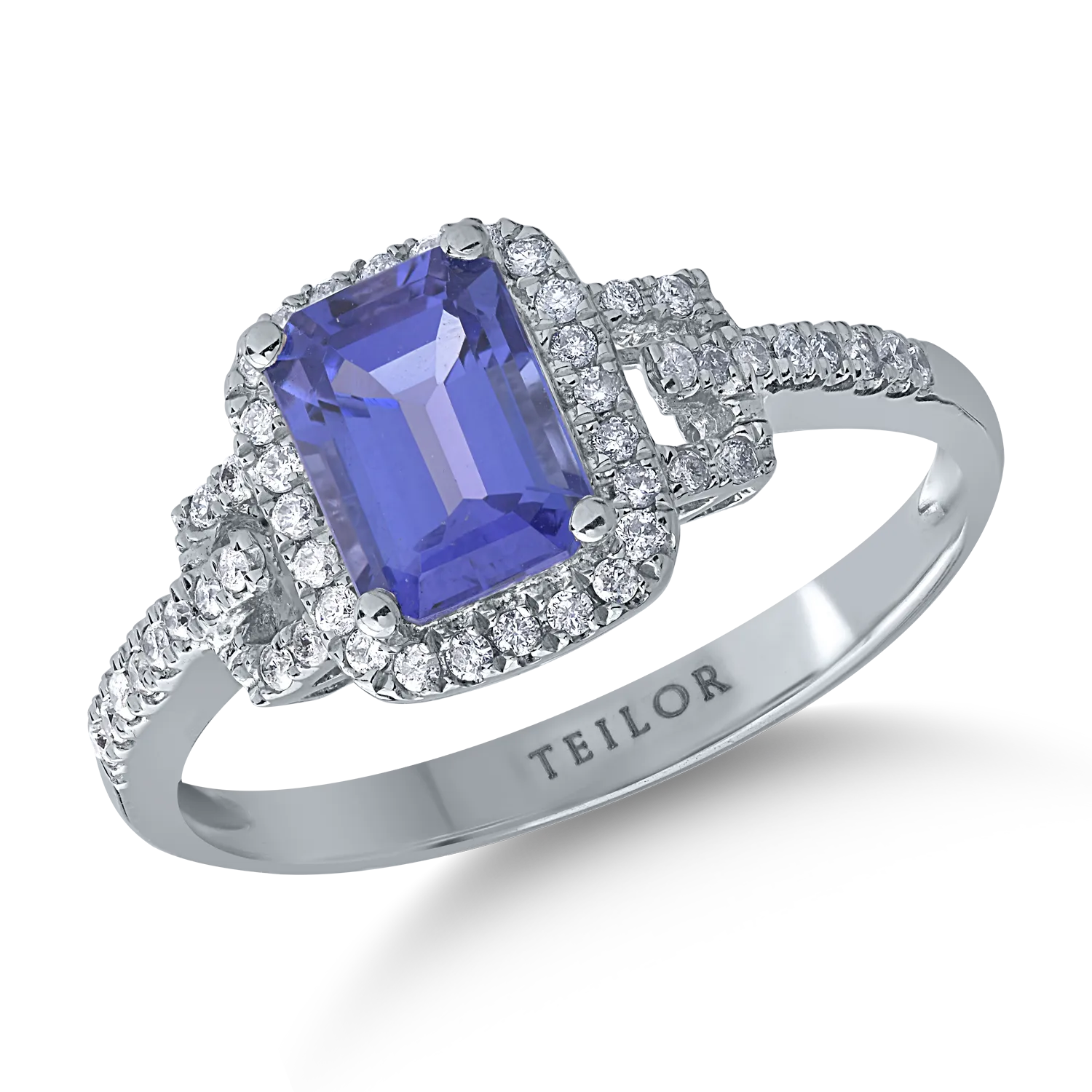 Inel din aur alb cu tanzanit emerald de 1.1ct si diamante de 0.2ct