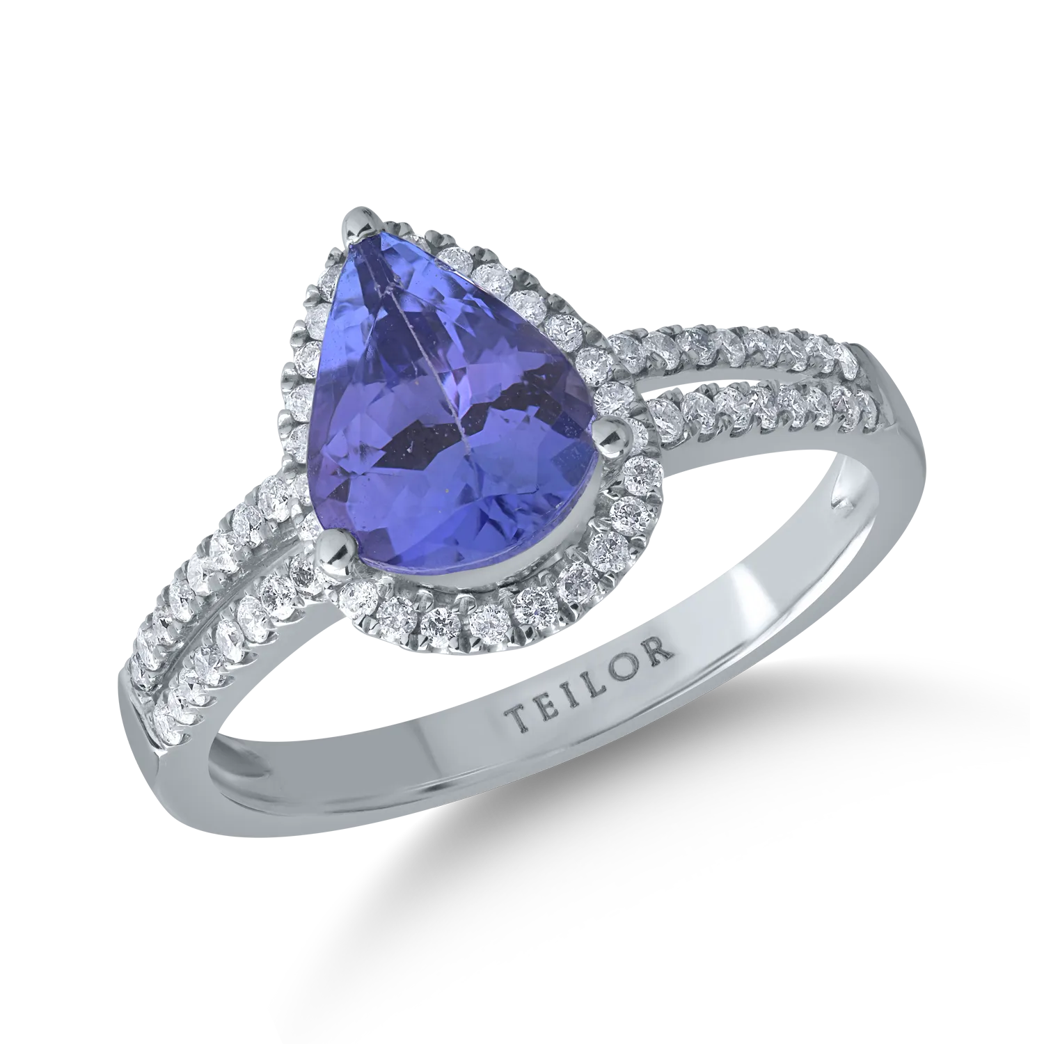 Inel din aur alb cu tanzanit pear de 1.6ct si diamante de 0.2ct