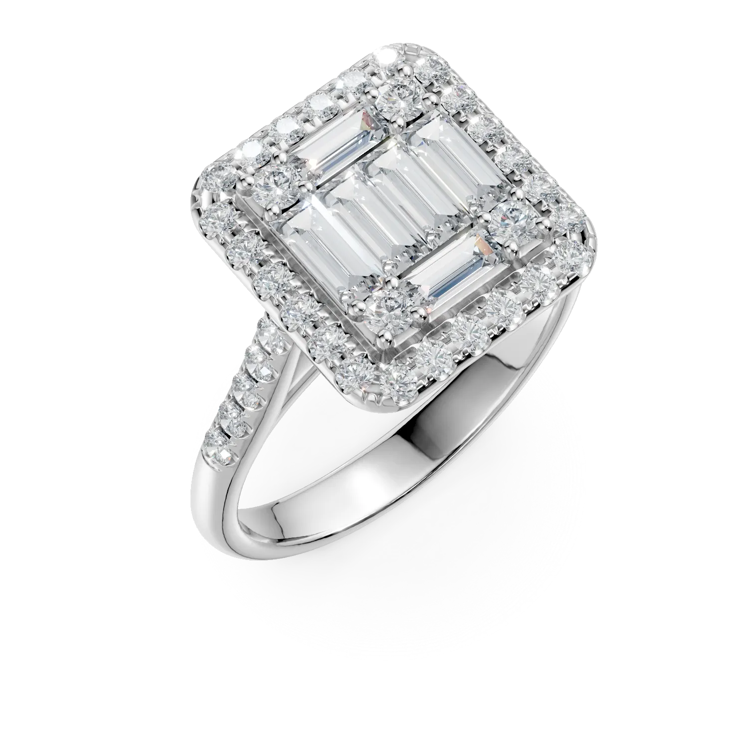 Inel din aur alb cu diamante microsetting baguette si rotunde de 1.3ct