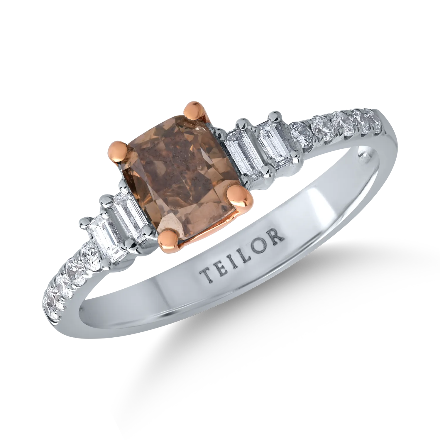 Inel din aur alb de 18K cu diamant maro de 1.01ct si diamante transparente de 0.28ct-106710