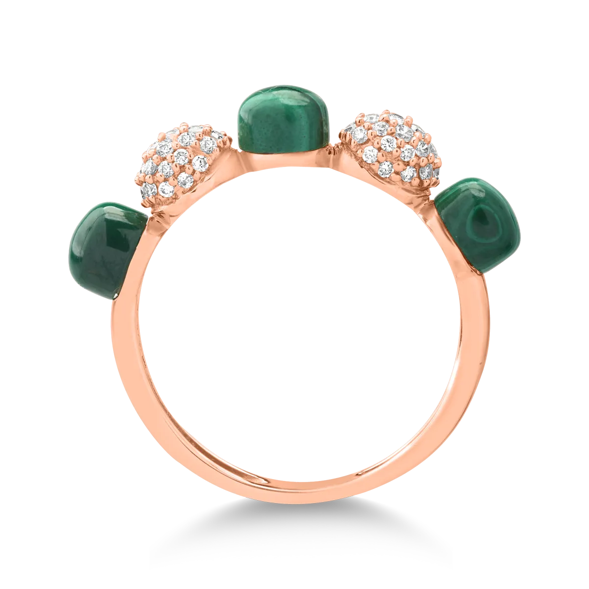 18k rózsaszín arany gyűrű, 2.13ct malachitával és gyémántokkal 0,249ct