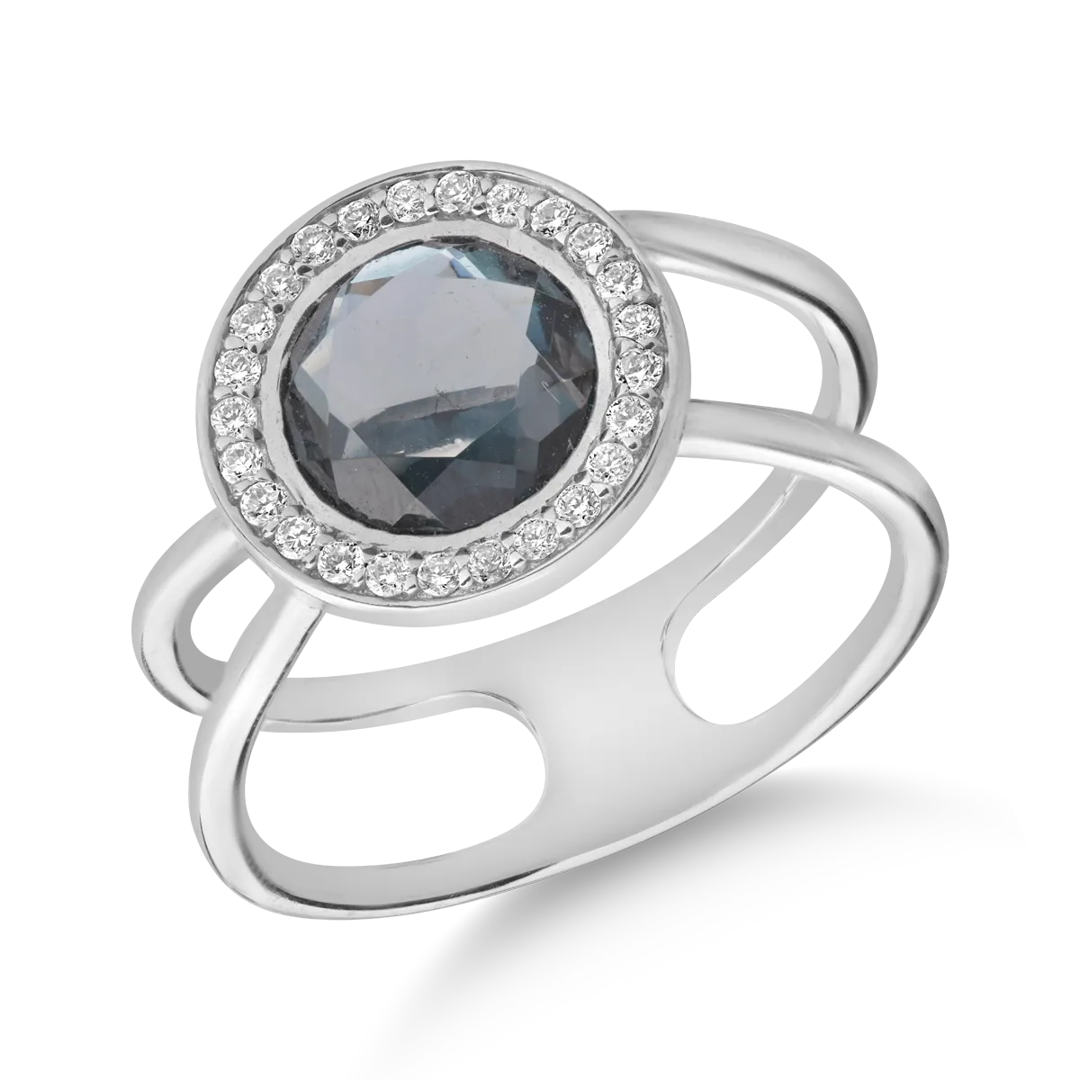 Inel din aur alb cu topaz London blue de 1.68ct si diamante de 0.156ct