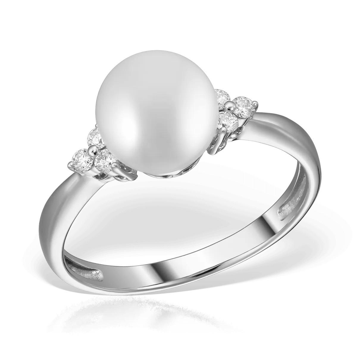Pierścionek z 14K białego złota, perła słodkowodna 7.5kr i diamenty 0.09kr
