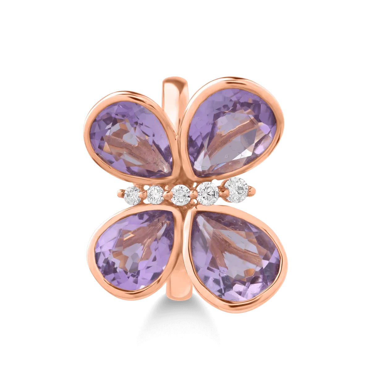 Пръстен пеперудка от розово злато 18К с аметисти 4.053гкт и диаманти от 0.115гкт