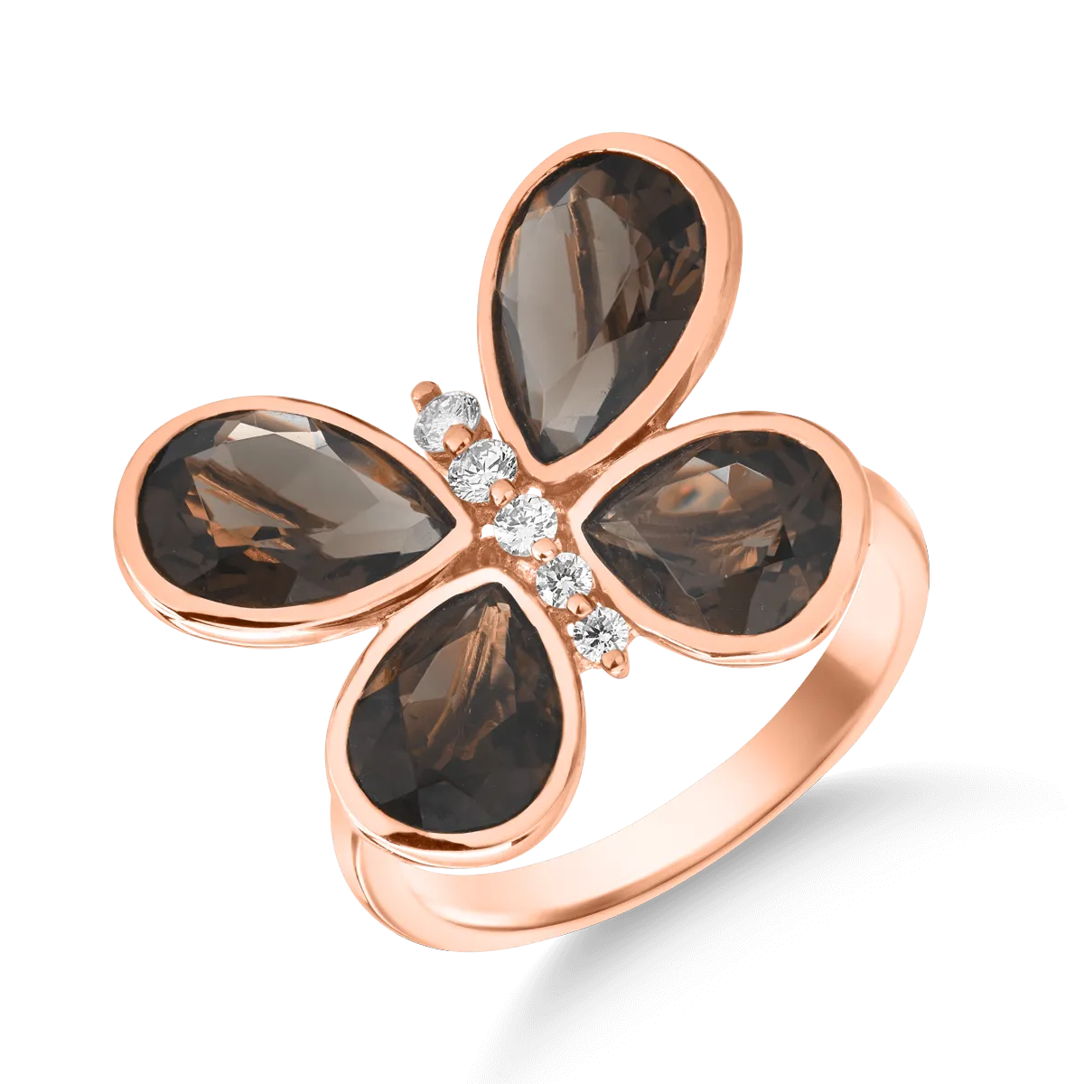 Teilor Inel fluture din aur roz cu cuart fumurii pear de 4ct si diamante de 0.1ct