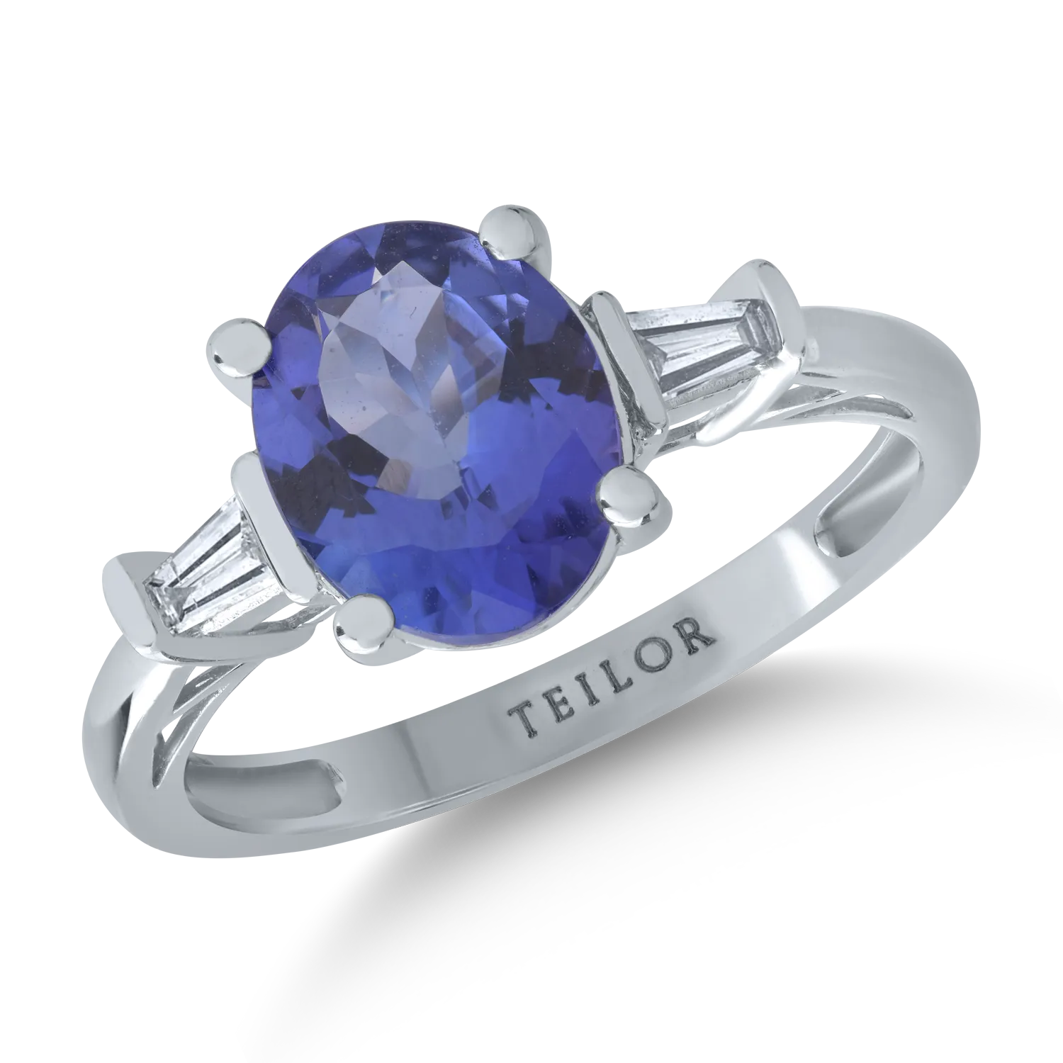 Inel din aur alb cu tanzanit oval de 2.2ct si diamante de 0.1ct