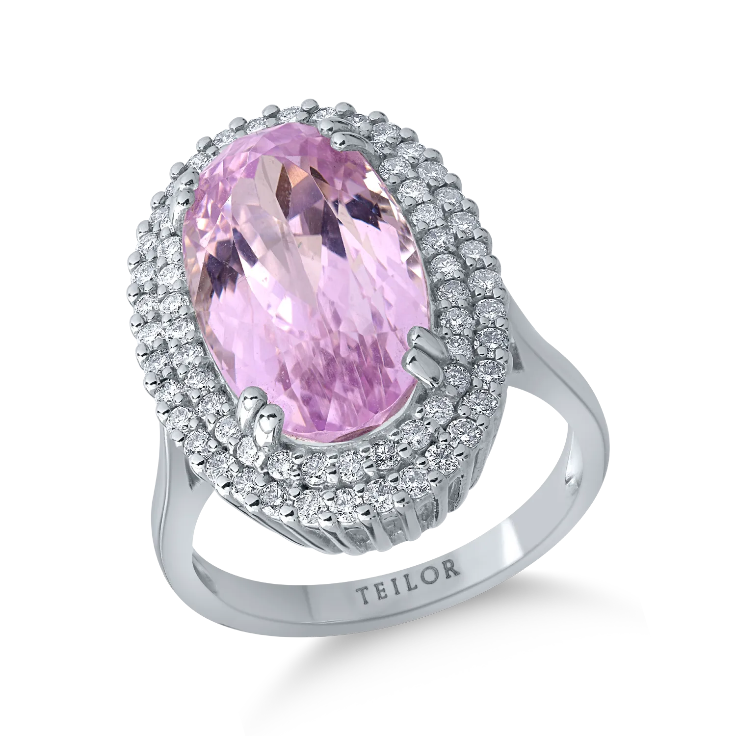 14K fehérarany gyűrű 9.38ct kunzittal és 0.75ct gyémántokkal