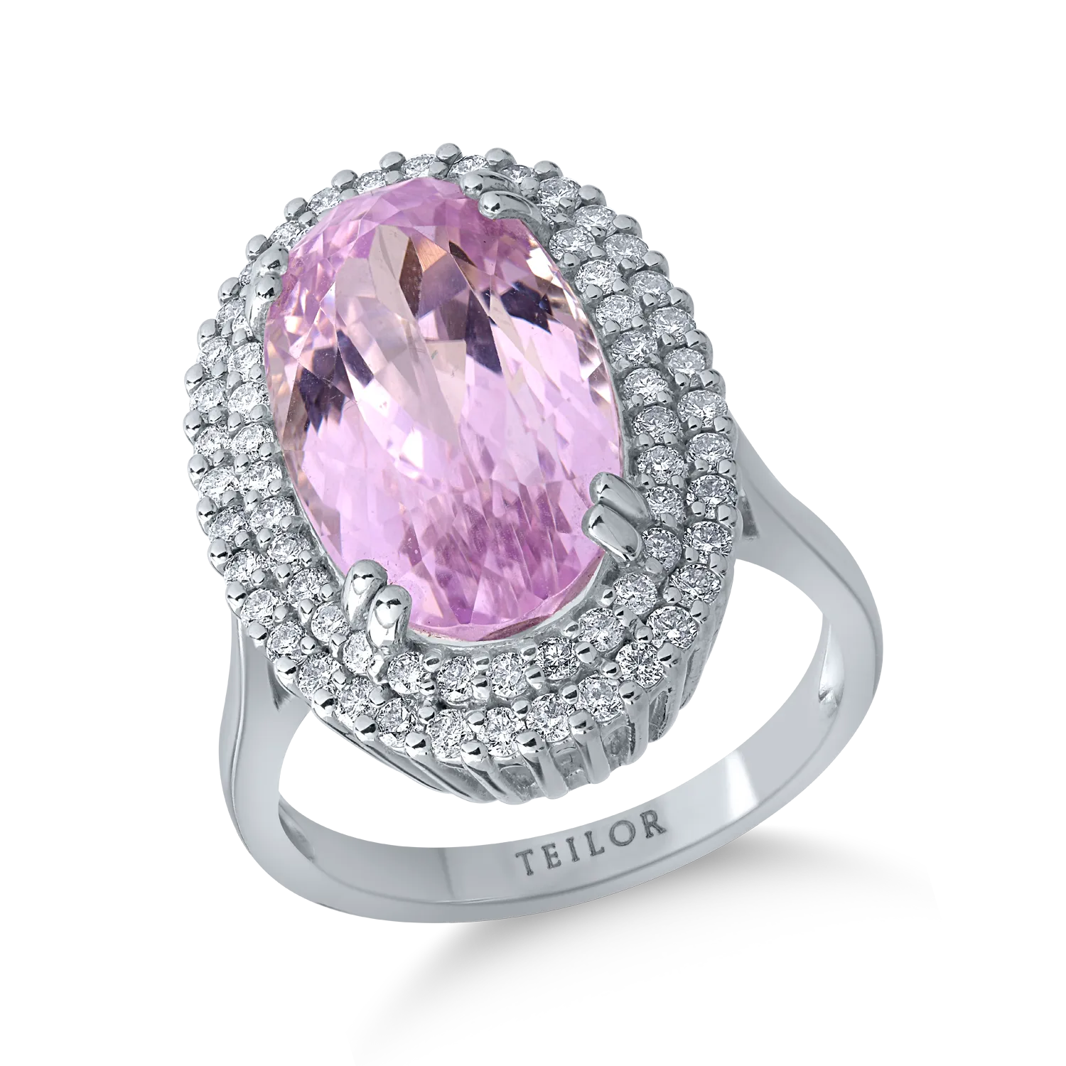 Inel din aur alb cu kunzit oval de 9.3ct si diamante de 0.7ct