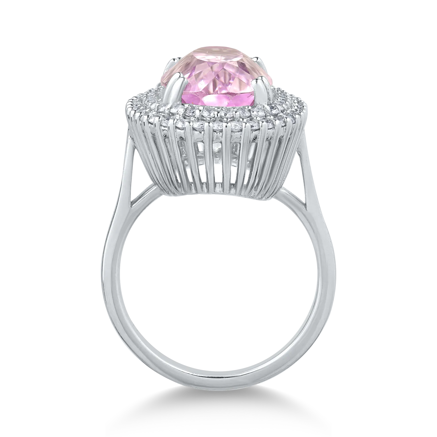 Inel din aur alb cu kunzit oval de 9.38ct si diamante de 0.75ct