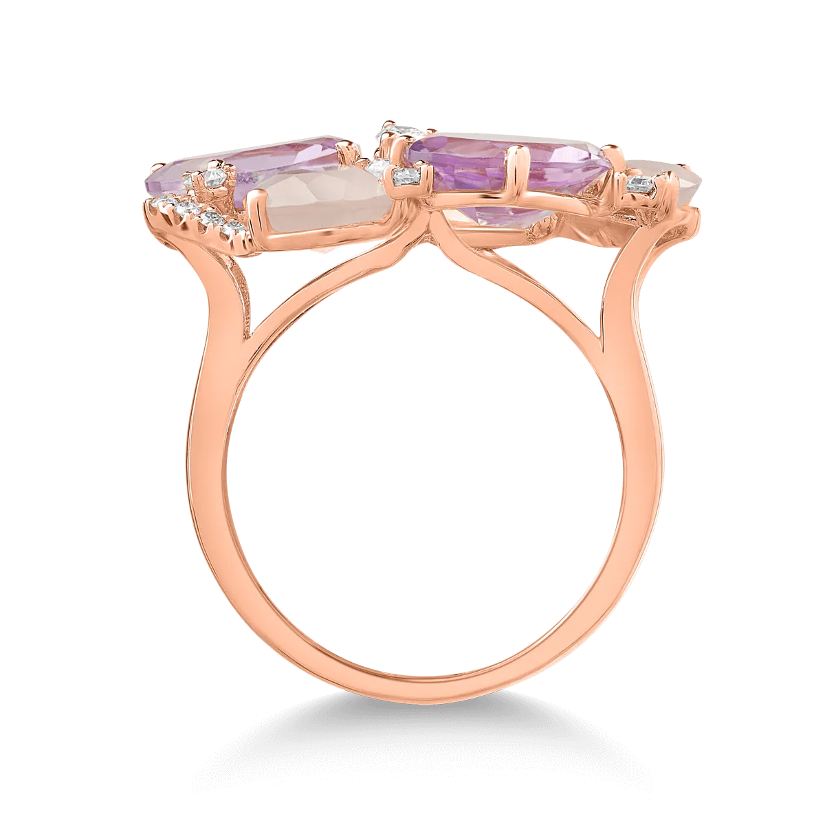 Gyűrű 18K-os rózsaszín aranyból 2.8ct rózsaszín kvarccal, 2.68ct ametiszttel és 0.32ct gyémánttal.