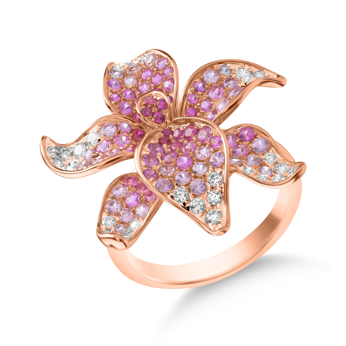Inel floare din aur roz de 18K cu pietre pretioase de 1.67ct-127670