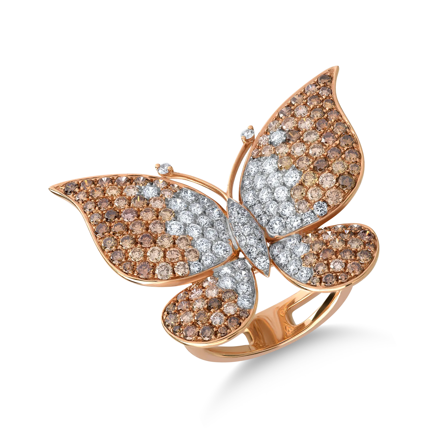 18K rose gold butterfly ring with 2.3ct brown diamonds and 0.98ct clear diamonds