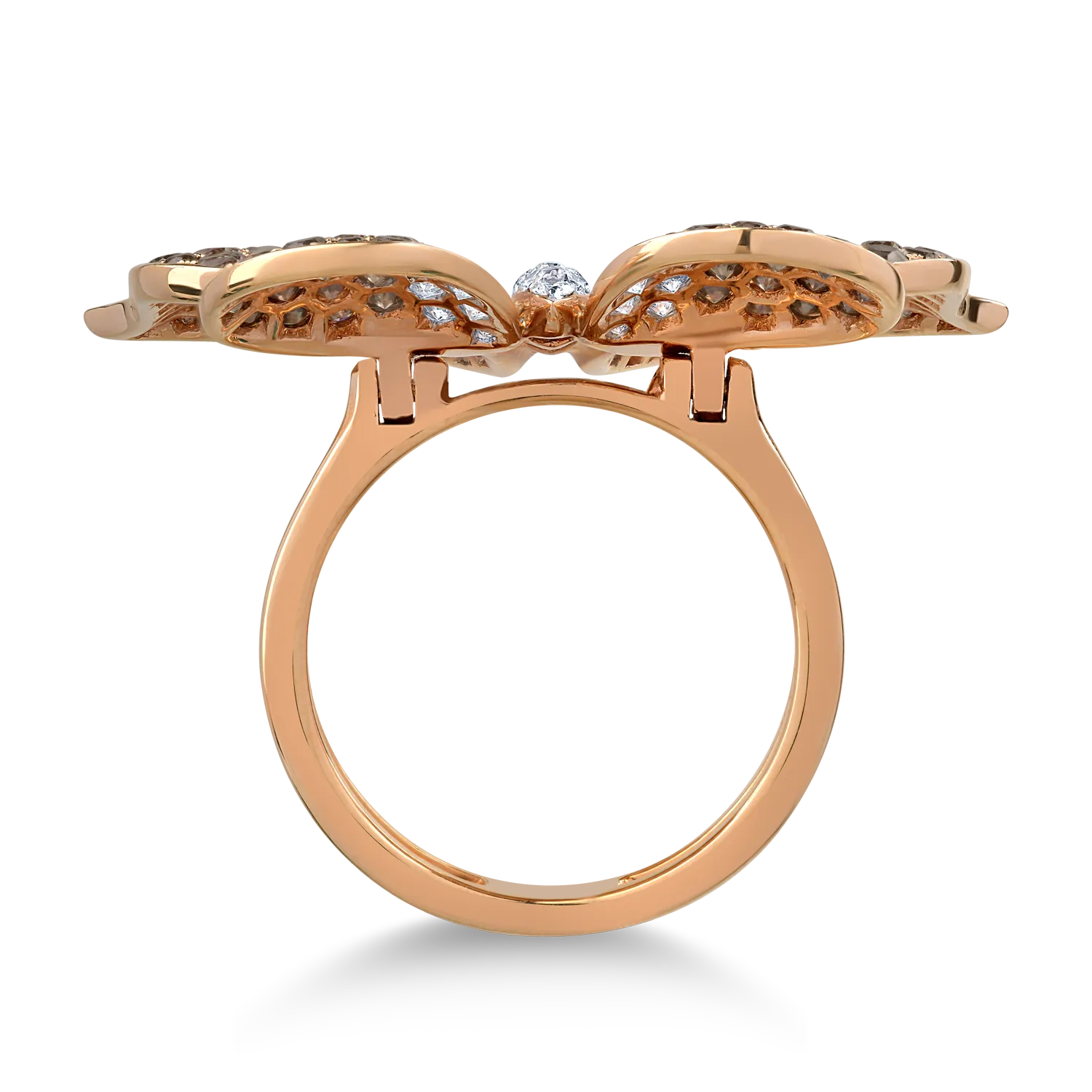 18K rose gold butterfly ring with 2.3ct brown diamonds and 0.98ct clear diamonds