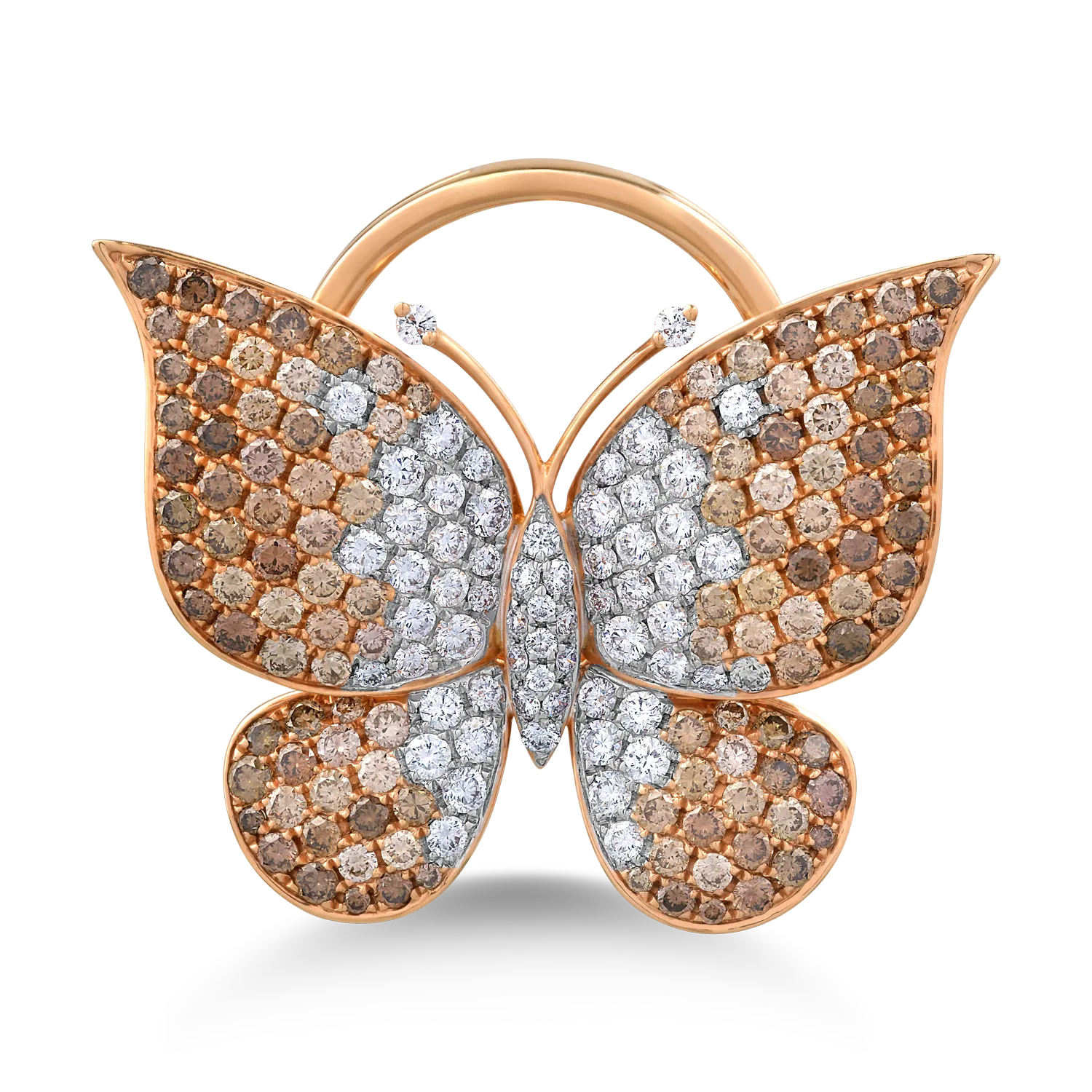 Pierścionek motylkowy z 18K różowego złota z 2.3ct brązowymi diamentami i 0.98ct bezbarwnymi diamentami