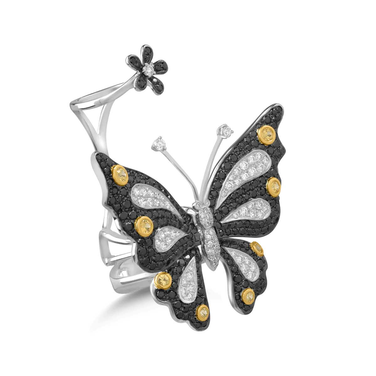 Пръстен пеперуда от бяло злато 18К с жълти сапфири 0.42гкт, черни диаманти 2.27гкт и прозрачни диаманти 0.84гкт