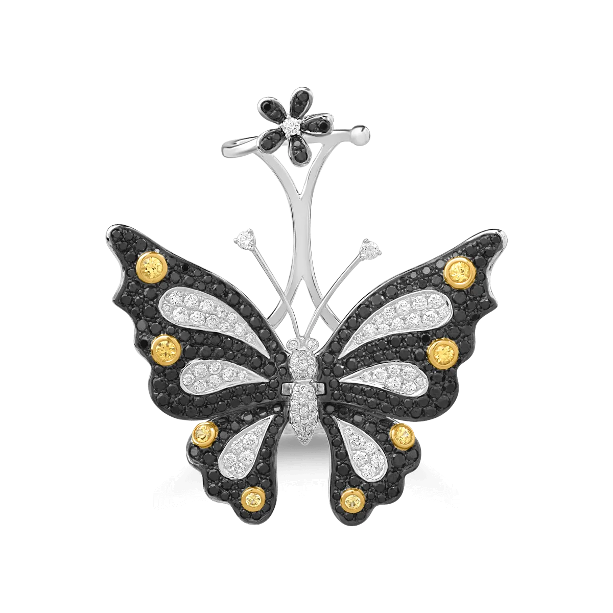 Пръстен пеперуда от бяло злато 18К с жълти сапфири 0.42гкт, черни диаманти 2.27гкт и прозрачни диаманти 0.84гкт