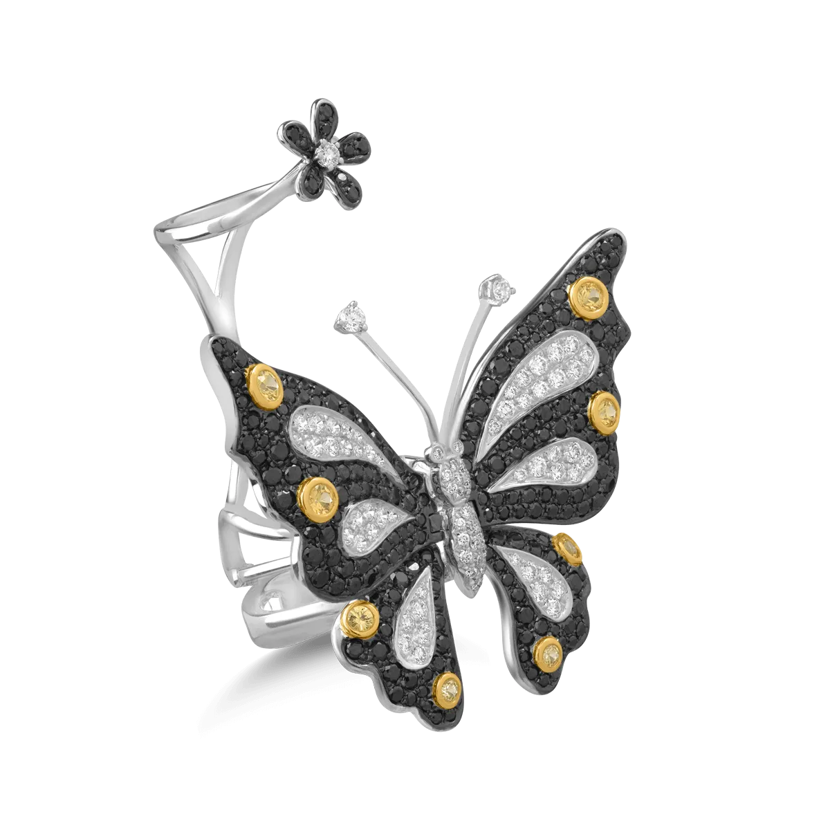 Inel cu fluture si floare din aur alb de 18K cu pietre pretioase de 3.53ct-116269