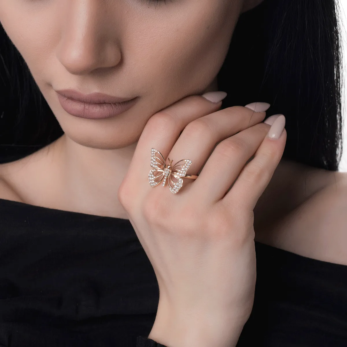 18K rose gold butterfly ring with 0.55ct diamonds