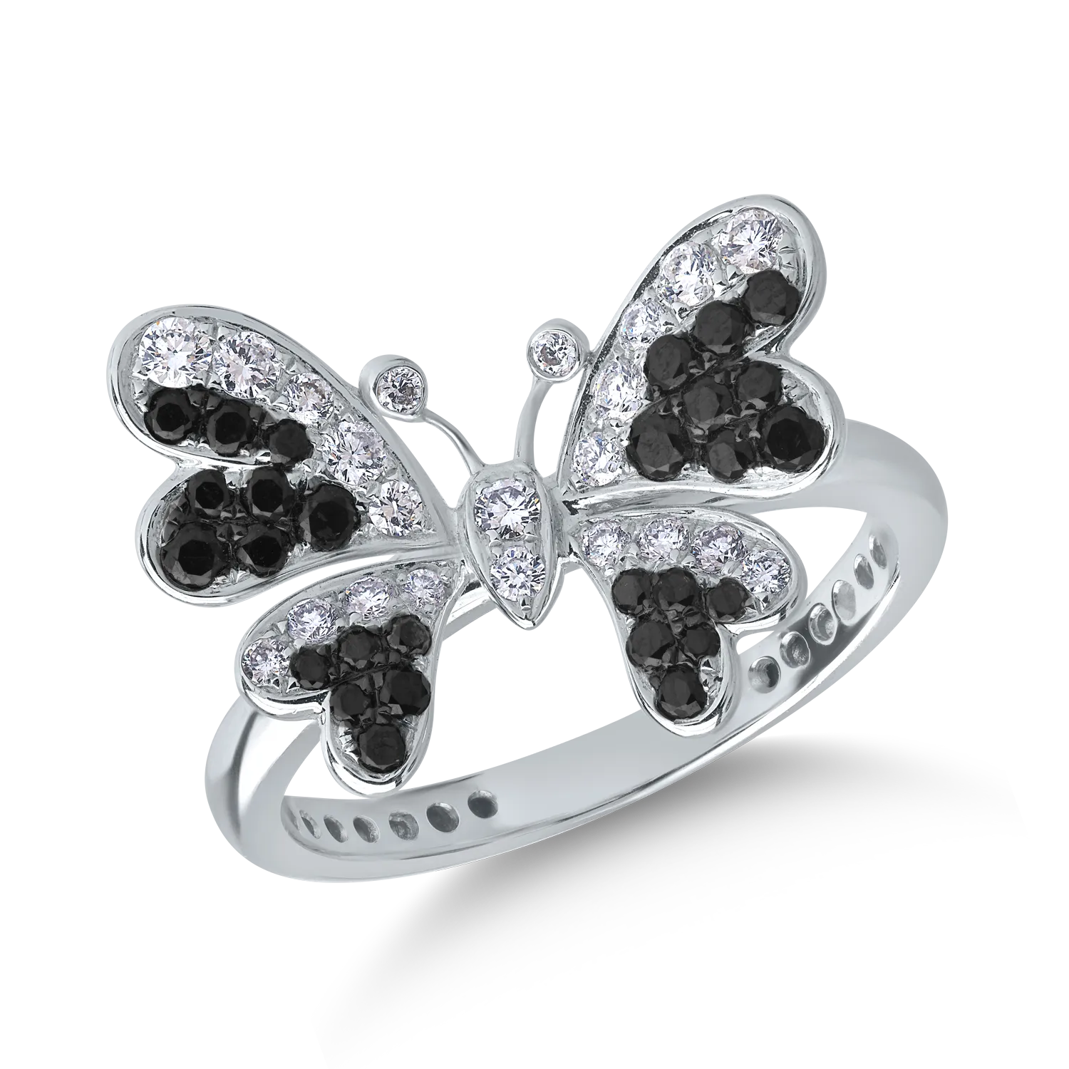 18K fehérarany pillangógyűrű 0.33ct fekete gyémántokkal és 0.25ct tiszta gyémántokkal