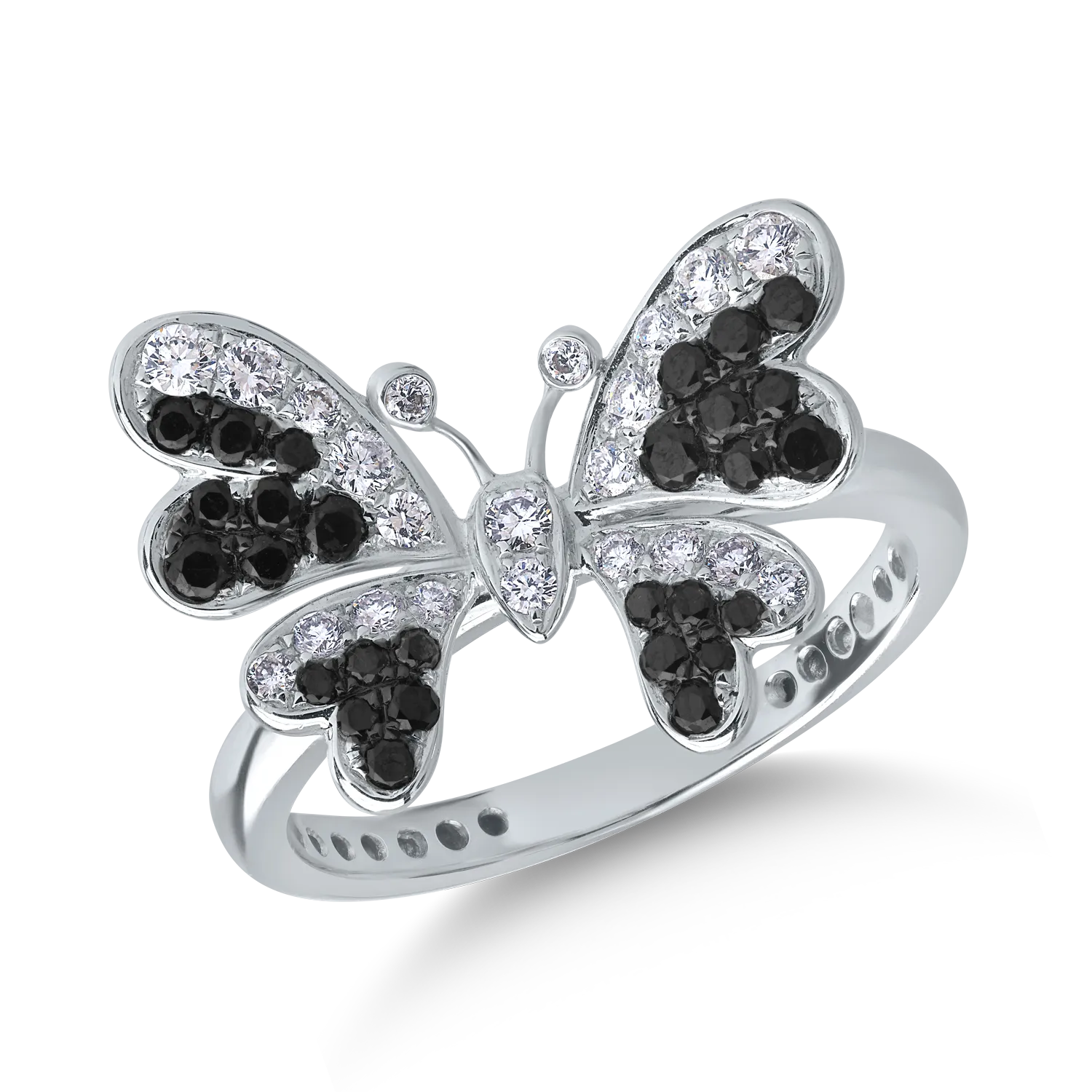 18K white gold butterfly ring with 0.33ct black diamonds and 0.25ct clear diamonds