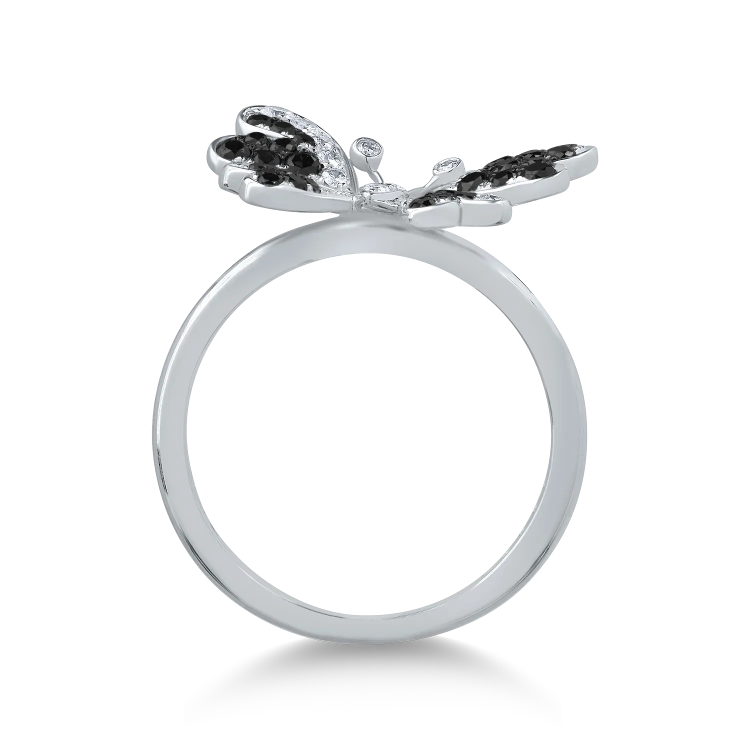 18K white gold butterfly ring with 0.33ct black diamonds and 0.25ct clear diamonds