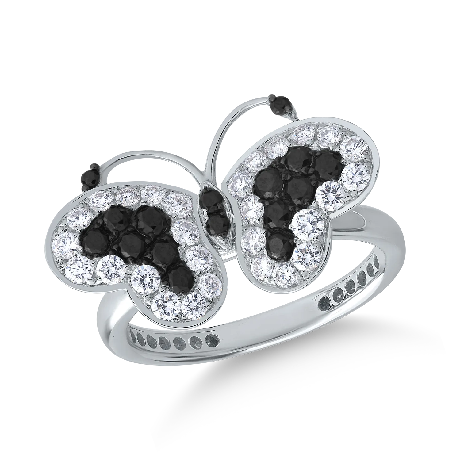 18K fehérarany pillangógyűrű 0.35ct fekete gyémántokkal és 0.55ct tiszta gyémántokkal